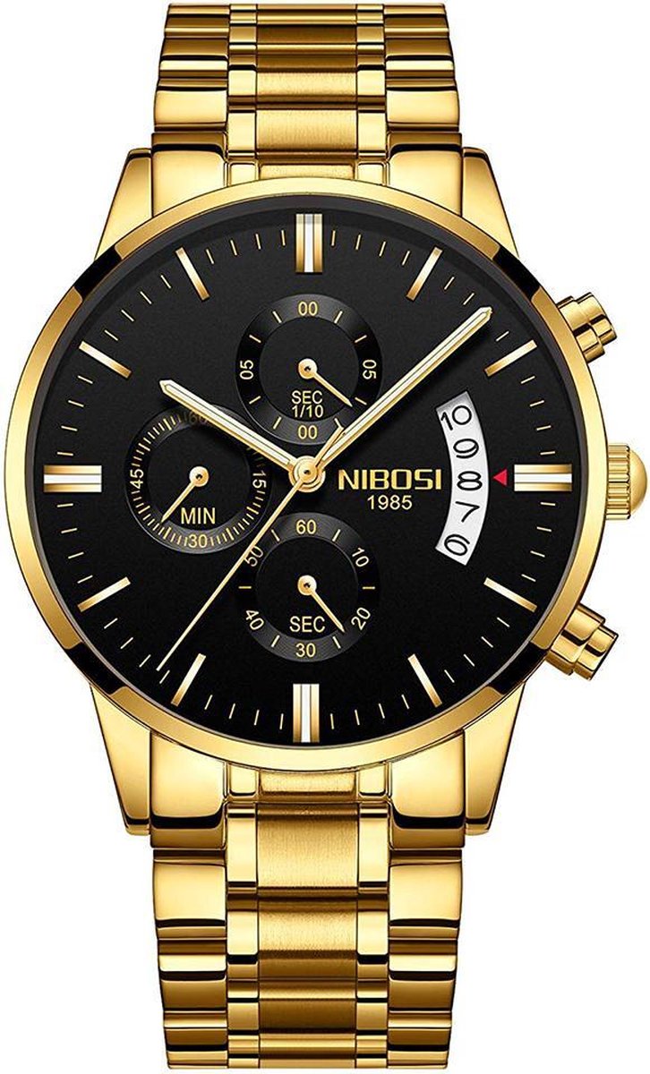 NIBOSI Horloges voor mannen - Horloge mannen – Luxe Goudkleurig Design - Heren horloge - Ø 42 mm – Goudkleurig - Roestvrij Staal - Waterdicht tot 3 bar - Chronograaf - Geschenkset met verstelbare pin - NIBOSI