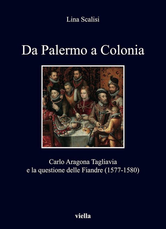 Livre 'Da Palermo a Colonia' par Lina Scalisi avec sur la couverture une peinture d'un groupe de personnes en tenues historiques à table.
