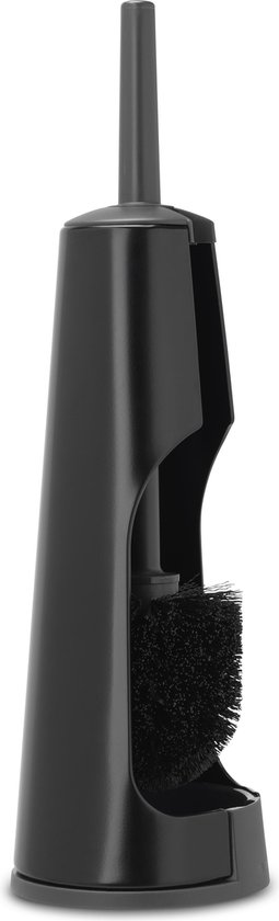 Brosse à toilettes noire en gros plan, poils partiellement visibles.
