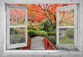 Tuindoek doorkijk - 130x95 cm - openslaand wit venster met rode brug - tuinposter - tuin decoratie - tuinposters buiten - tuinschilderij