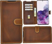 Samsung Galaxy S20 Ultra hoes Echt Leer Wallet Bookcase hoesje cover Antiek Cognac Bruin Pearlycase