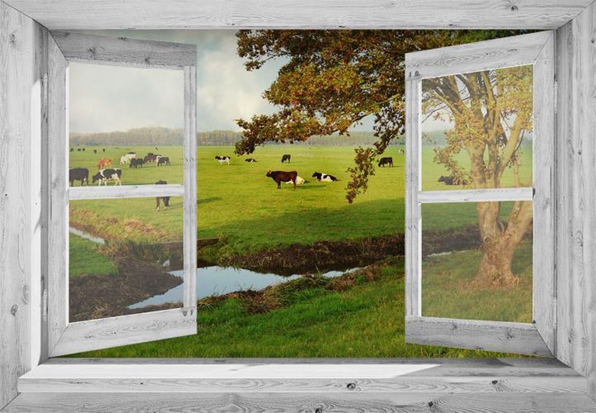Tuindoek doorkijk - 130x95 cm - openslaand wit venster naar koeien in landschap - tuinposter - tuin decoratie - tuinposters buiten - tuinschilderij