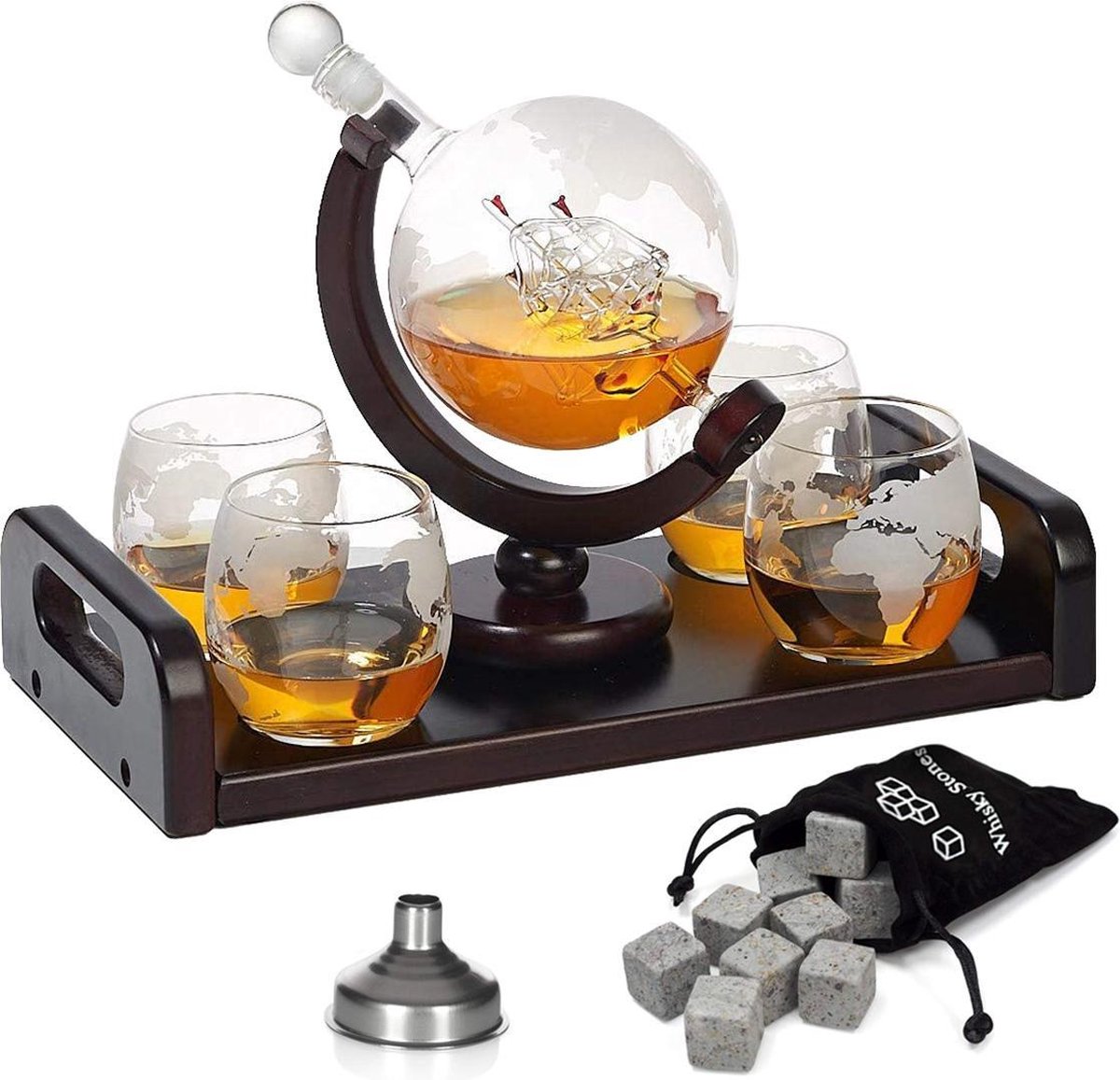Whisiskey ® Decanteerkaraf - Wereldbol - Luxe Whiskey Karaf Set - 0,9 L - Incl. 8 Whisky Stones, Schenktuit & 4 Glazen - Cadeau - Whisiskey