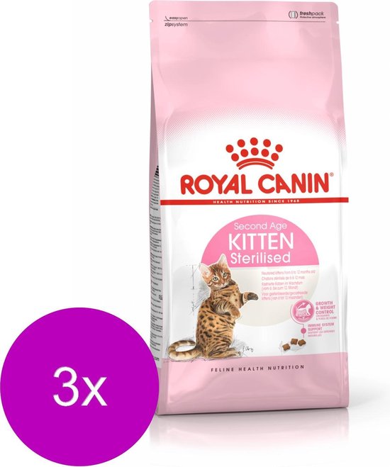 Roze zak kattenvoer van Royal Canin met kitten en tekst 'Second Age Kitten Sterilised'. 3x verpakking.