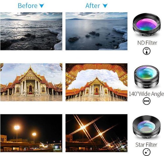 APEX 6 in 1 Telefoon Camera Lens Set – Fish Eye Lens – Super Groothoek Lens – Macro Lens – Star Filter Lens – Zwart