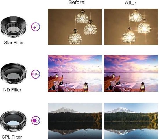 APEX 6 in 1 Telefoon Camera Lens Set – Fish Eye Lens – Super Groothoek Lens – Macro Lens – Star Filter Lens – Zwart