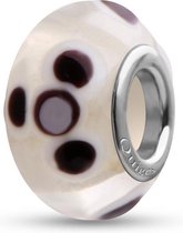Quiges - Glazen - Kraal - Bedels - Beads Transparant met Wit Zwarte Bloemen Past op alle bekende merken armband NG804