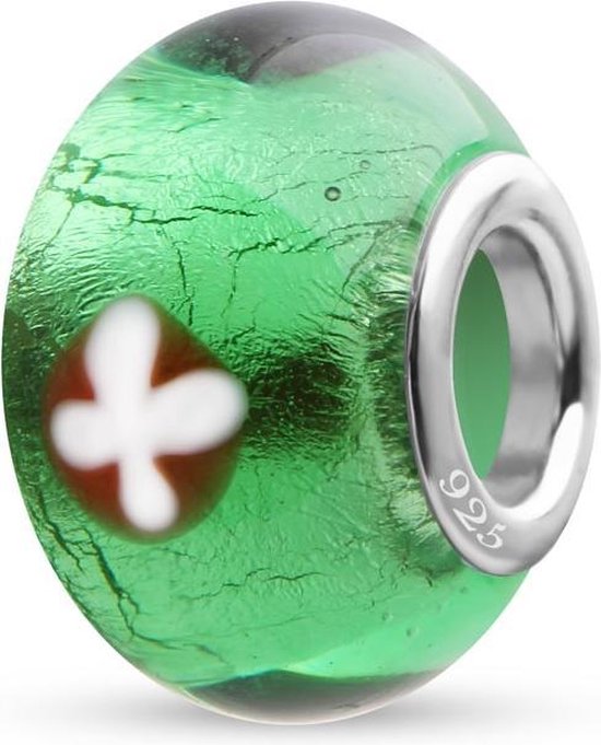 Quiges - 925 - Sterling - zilver - Glazen - Kraal - Bedels - Beads - Groen met Rood Wit Kruis - Past op alle bekende merken - Armband GZ197