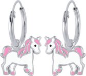 Joy|S - Zilveren eenhoorn oorringen unicorn wit roze paard bedel