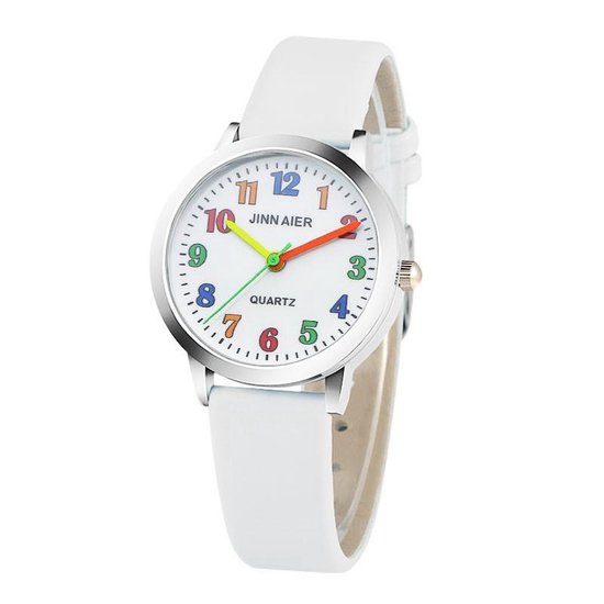 Vet Mysterieus onbetaald Meisjes horloge wit met gekleurde cijfers en leer bandje | bol.com