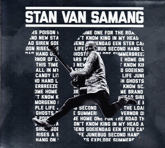 Stan Van Samang met gitaar springend, omringd door songtitels.