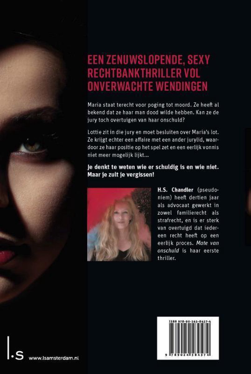 Vrouw in close-up, boekcover "MATE VAN ONSCHULD".