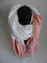 Damessjaal stippen figuren lengte 180 cm breedte 70 cm kleuren wit oranje rood franjes.