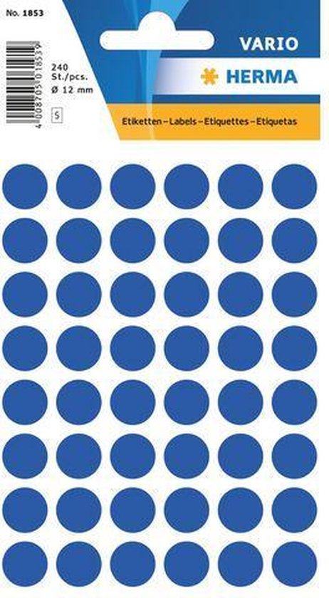 Pak met 5 vellen ronde, donkerblauwe stickers van 12mm.