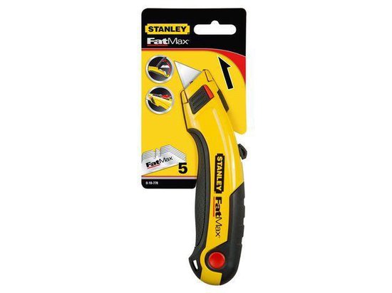 Stanley FatMax uitschuifbaar mes in verpakking, geel met zwarte grip.