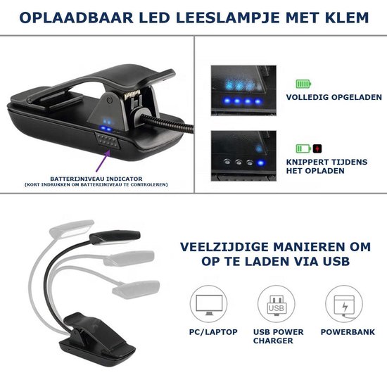 Premium LED Leeslampje voor Boek of E-reader – Extra Brede Lichtbundel - Klemlampje – Bedlampje – USB – Zwart – Accu voor 70 uur – Incl. USB kabel