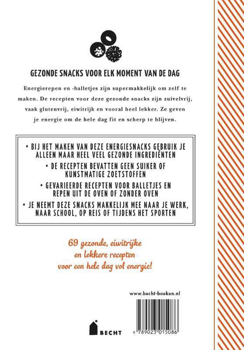 Boekomslag met recepten voor energierepen en -balletjes. Bevat de tekst "Gezonde snacks voor elk moment van de dag" en "69 gezonde, eiwitrijke en lekkere recepten voor een hele dag vol energie!".
