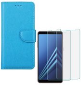 Etui Portefeuille Samsung Galaxy A8 2018 Turquoise avec 2 pièces de Glas écran en Verre