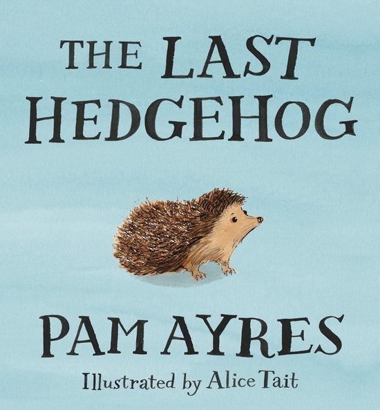 Boek "The Last Hedgehog" van Pam Ayres, met een illustratie van een egel op een blauwe achtergrond.