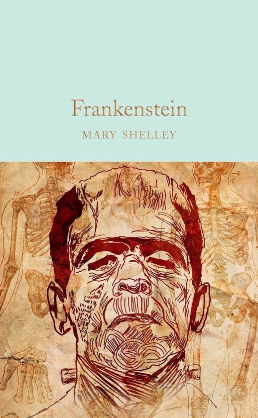 Boekomslag met een illustratie van het gezicht van Frankenstein en skeletten.