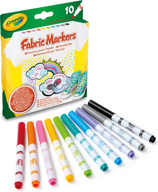 Emballage Crayola Fabric Markers de 10 marqueurs, plus les marqueurs individuels dans différentes couleurs.