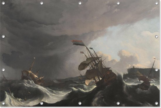 Oorlogsschepen tijdens een storm | Ludolf Bakhuysen | ca. 1695 | Tuindecoratie | Tuindoek | 180CM x 120CM | Schilderij | Tuinposter | Spandoek | Oude meesters