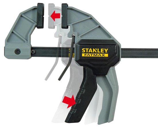 Zwarte en grijze Stanley Fatmax lijmklem met rode pijlen die de beweging aangeven.