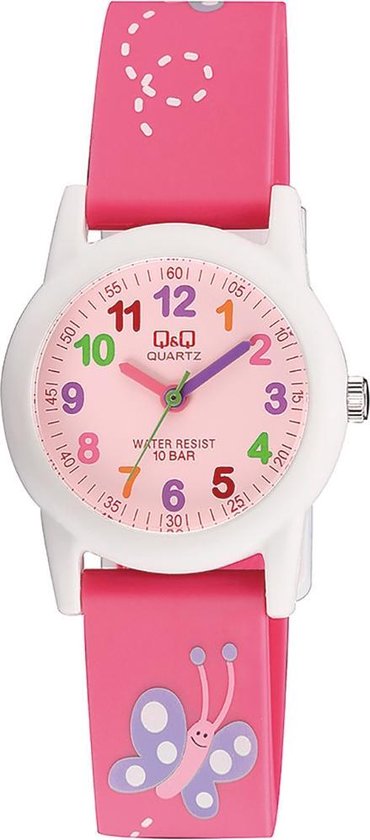 Q&Q VR99J002Y - Horloge - Sport - Analoog - Kinderen - Unisex - Plastic band - Rond - Kunststof - Cijfers - Vlinder - Roze - Wit - Multi - 10 ATM