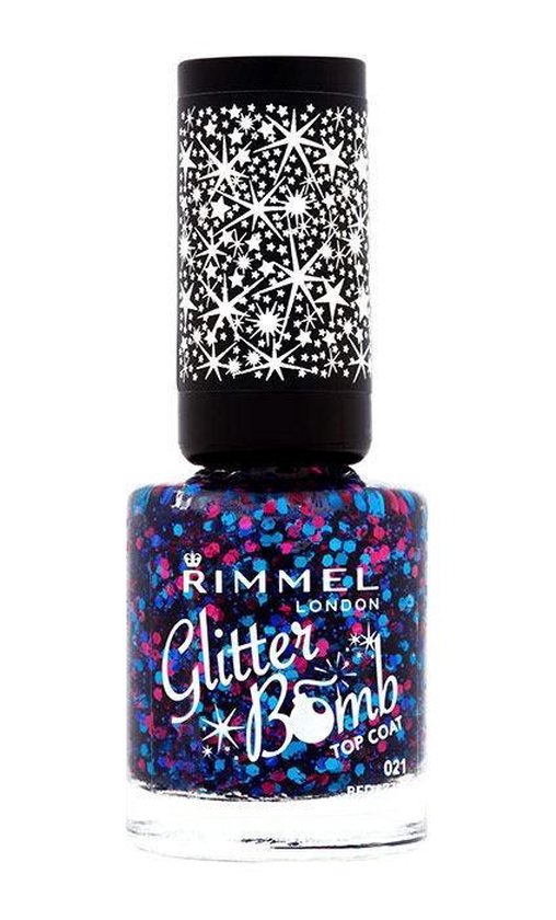 Rimmel London Glitter Bomb top coat in 'Red Revolution', blauwe nagellak met roze en blauwe glitters en sterrenapplicator.