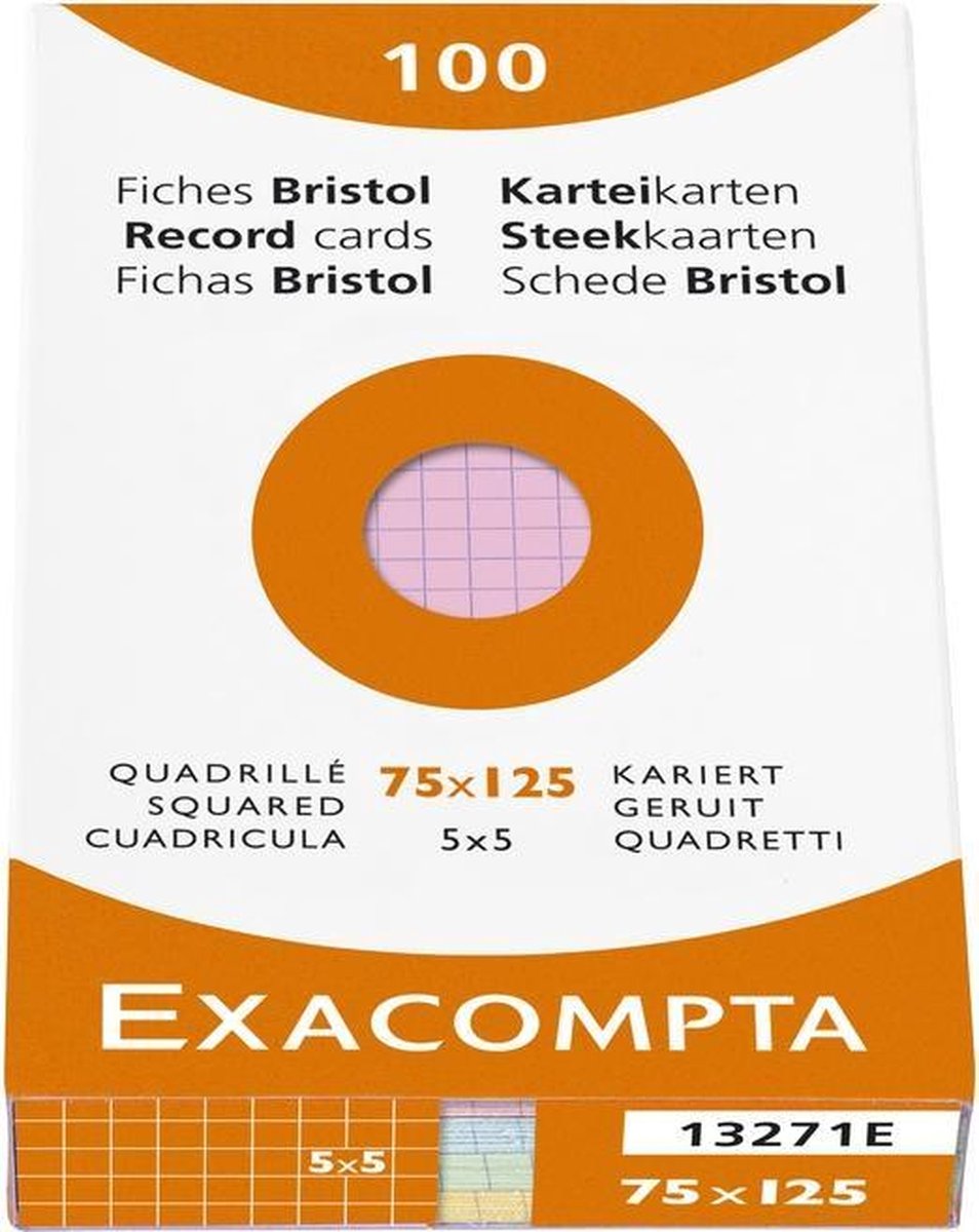 Exacompta etui 100 steekkaarten bristol geruit 5x5 niet geperforeerd 75x125mm - Geassorteerd - 13271E