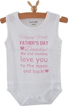 Baby Rompertje eerste Vaderdag cadeau meisje Happy first father’s Day | mouwloos | wit roze | maat 62/68