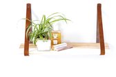 Houten Wandplank 60 cm | incl. Bruine leren banden | Live Edge | Unieke vorm, kleur en uitstraling