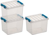 3x Sunware Q-Line opberg boxen/opbergdozen 3 liter 20 x 15 x 14 cm kunststof - Opslagbox - Opbergbak transparant/blauw kunststof