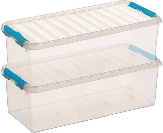 2x Boîtes de rangement / boîtes de rangement Sunware Q-Line 9,5 litres 48,5 x 19 x 14,7 cm plastique - Boîte de rangement oblongue / étroite - Boîte de rangement plastique transparent / bleu
