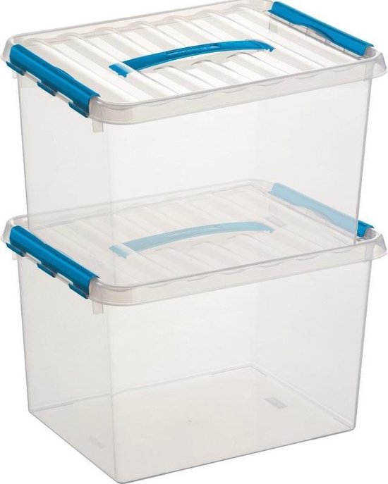 2x boîtes de rangement / boîtes de rangement Sunware Q-Line 22 litres 40 x 30 x 26 cm plastique - Boîte de rangement format A4 - Boîte de rangement plastique transparent / bleu