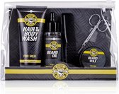 Cadeau pour lui - Ensemble de soins de barbe Musc - OUTILS POUR LE BAIN ET LE CORPS - Huile à barbe, cire à barbe, nettoyant pour les cheveux et le corps, ciseaux à barbe et peigne à barbe - Cadeau cool pour homme