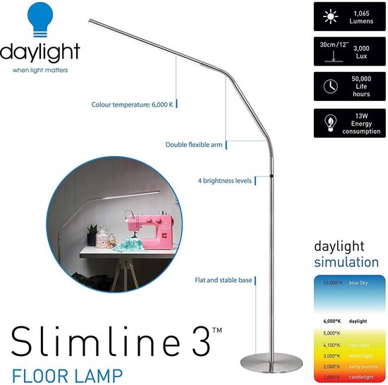 Daylight Slimline 3 LED Vloerlamp Dimbaar met dimmer daglicht Woonkamer  Zilver 6500K... | bol.com