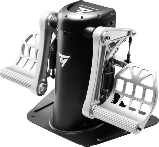 Zwarte en zilverkleurige rudder pedalen met metalen structuur en verstelbare voetensteunen.