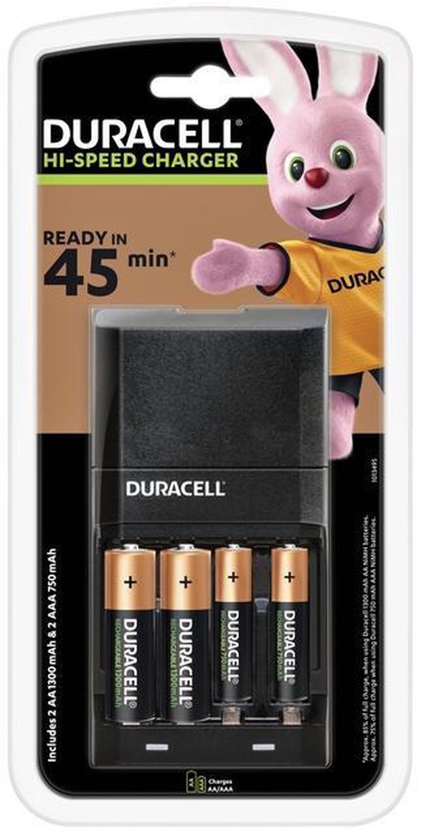 Duracell Batterijlader – Laadt op in 45 minuten, inclusief 2 AA en 2 AAA batterijen