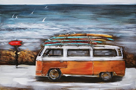 Peinture métal 3D - Volkswagen bus orange avec planche de surf - hauteur 80 cm
