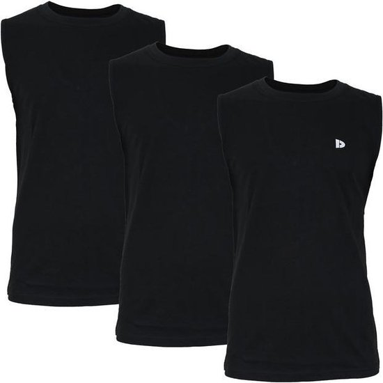 Drie zwarte mouwloze sportshirts met een klein logo op de borst, schuin opgesteld.
