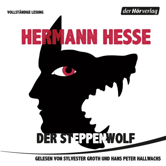 Titel 'Der Steppenwolf' van Hermann Hesse met een illustratie van een profiel van een man die overgaat in de kop van een wolf met rode ogen.