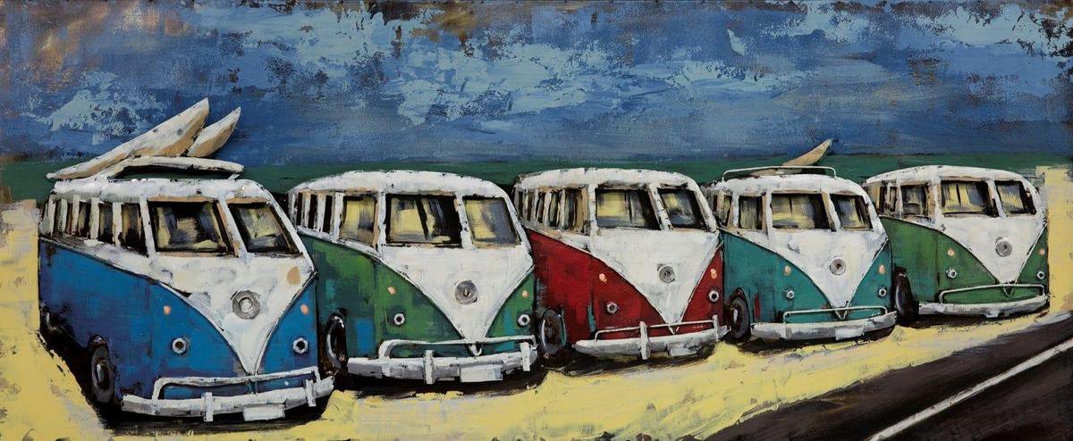 karo-art Schilderij - Metaalschilderij - Oldtimers, 150x60cm Multikleur