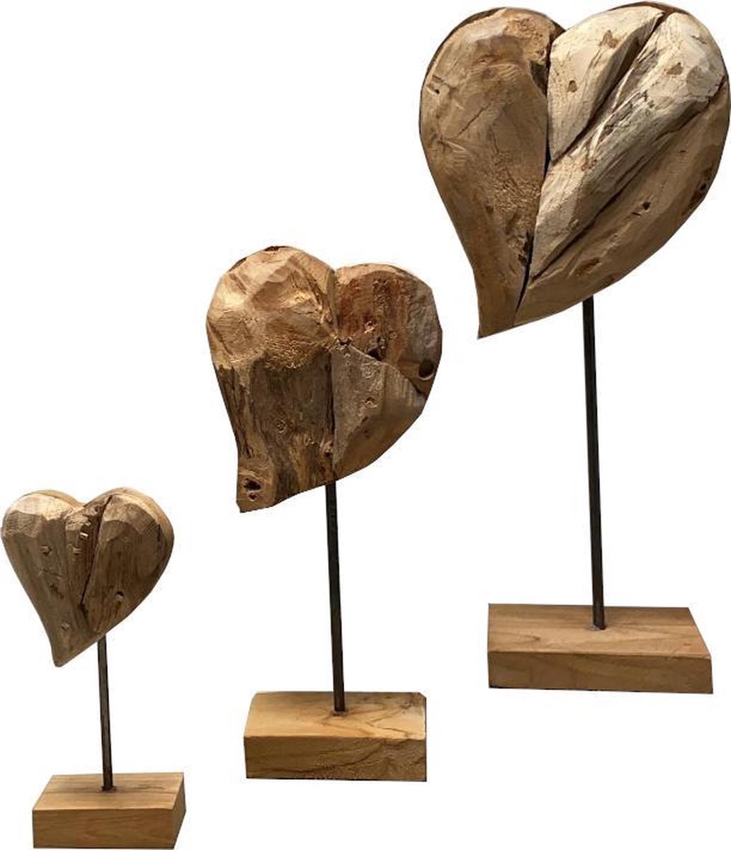 Buiten weerstand Uitsteken Houten hartjes op standaard set 3 'Kenai' - Teak hout sculptuur harten op  metalen voet... | bol.com