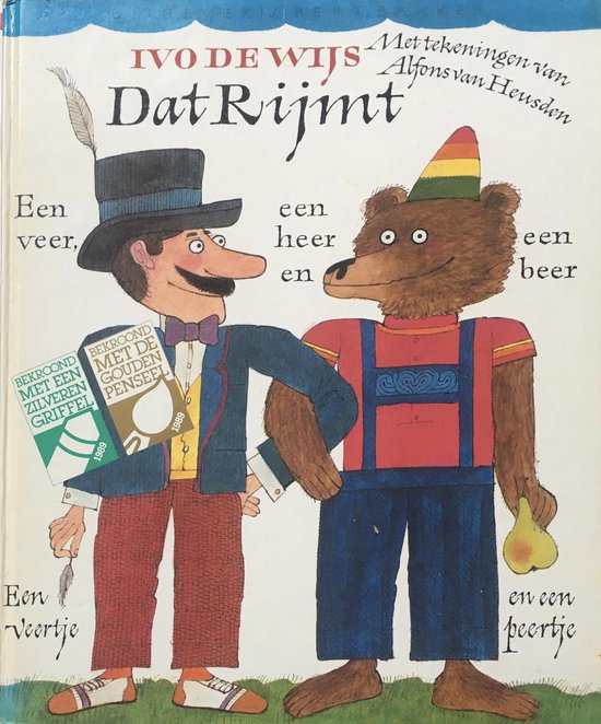 Een man met een hoge hoed en een beer met een strikje op de voorkant van een boek dat 'Dat Rijmt' heet.