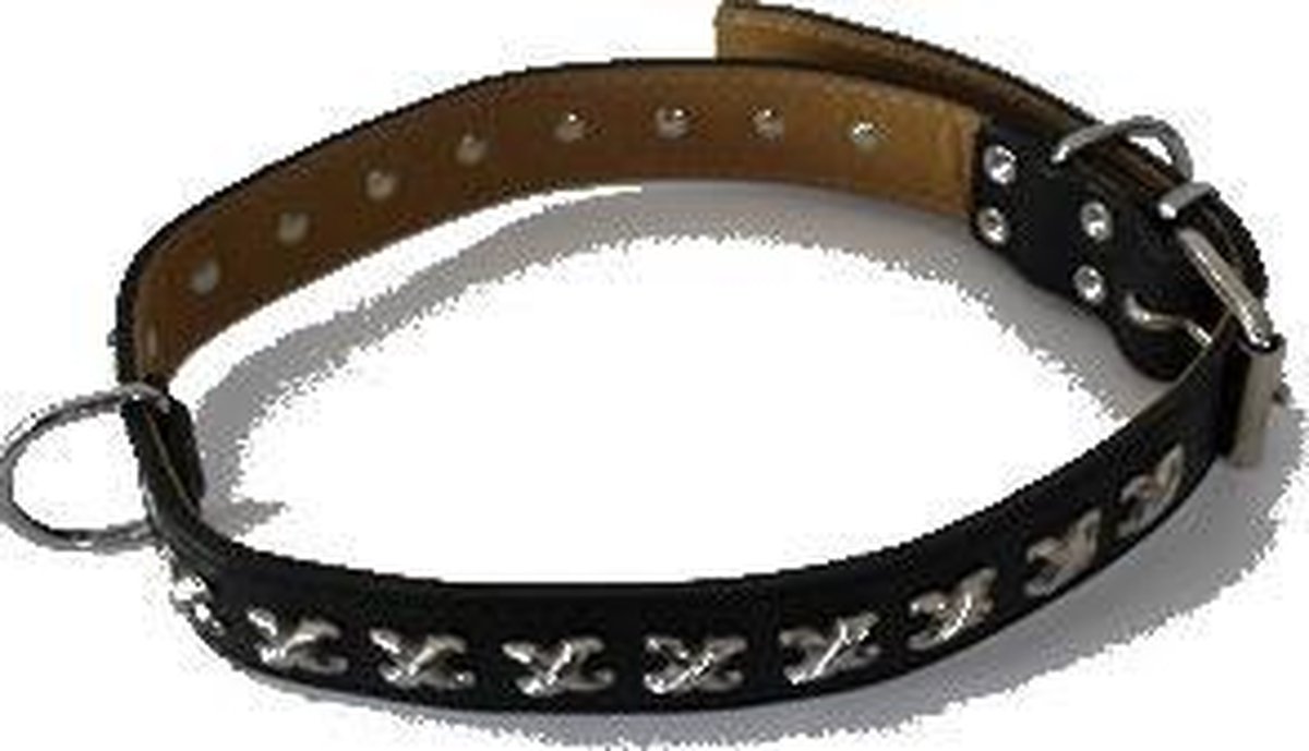 Leder halsband kruismotief zwart-chroom 70 cm X 30 mm