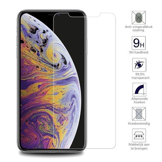 Screenprotector met "Anti-vingerafdruk coating", "9H hardheid", "99,9% transparant", "Afgeronde hoeken" en "Krasbestendig".