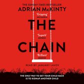 Boekcover 'The Chain' door Adrian McKinty. Rode achtergrond met tekst en een schommel ertussen. De enige manier om je kind terug te krijgen, is door een ander kind te ontvoeren.