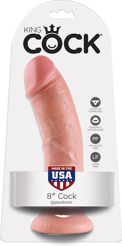 Un gode ceinture beige de 8 pouces dans son emballage, avec le logo King Cock et la mention 'Made in USA'.