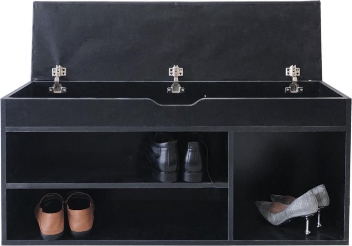 Schoenenkast hal bankje met opbergruimte - schoenen rek - met zitkussen zwart - VDD